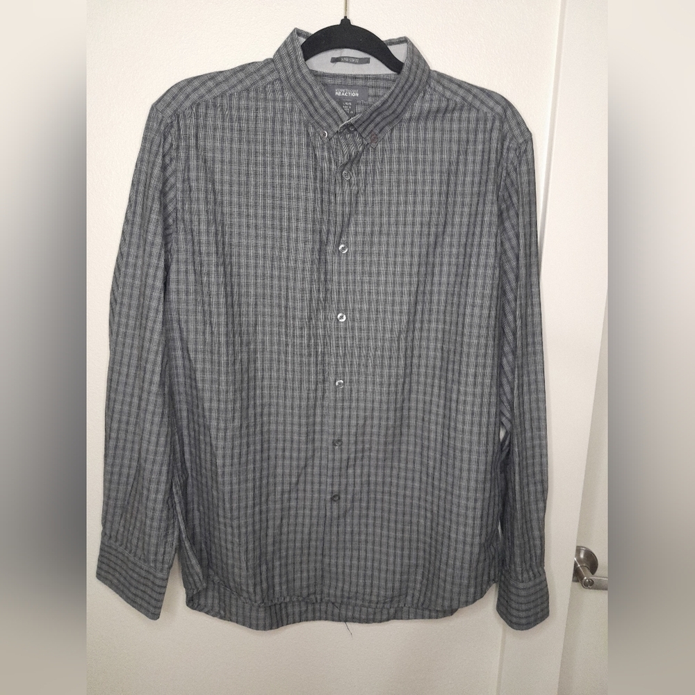 Kenneth Cole Reaction Super Slim Fit Plaid Shirt – Men's L 100% Cotton